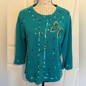 Vintage Sweater Sequins Butterfly Beaded Arriviste Turquoise Medium 3/4 sleeve